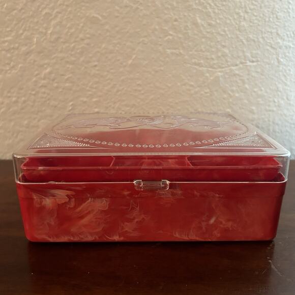 Vintage Hommer Red Pink Marbled Plastic Kittens Cats Hinged Jewelry/Sewing Box - Picture 2 of 11